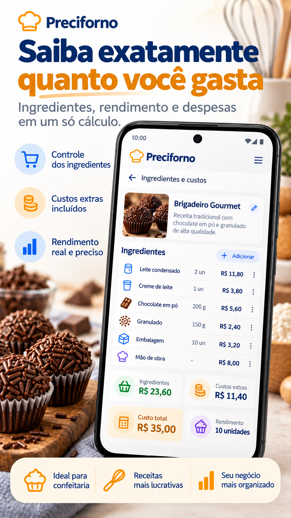 Custos de ingredientes e despesas